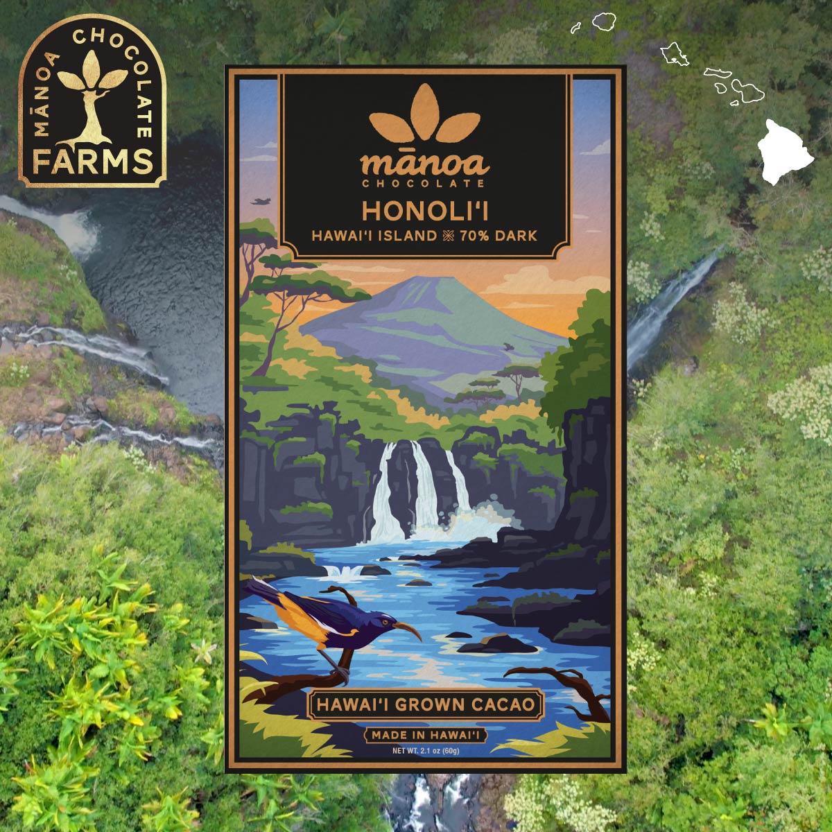 Image of honolii chocolate bar package placed over a waterfall background. Manoa Chocolate Farms logo in top left corner and Hawaiian islands chain in top right