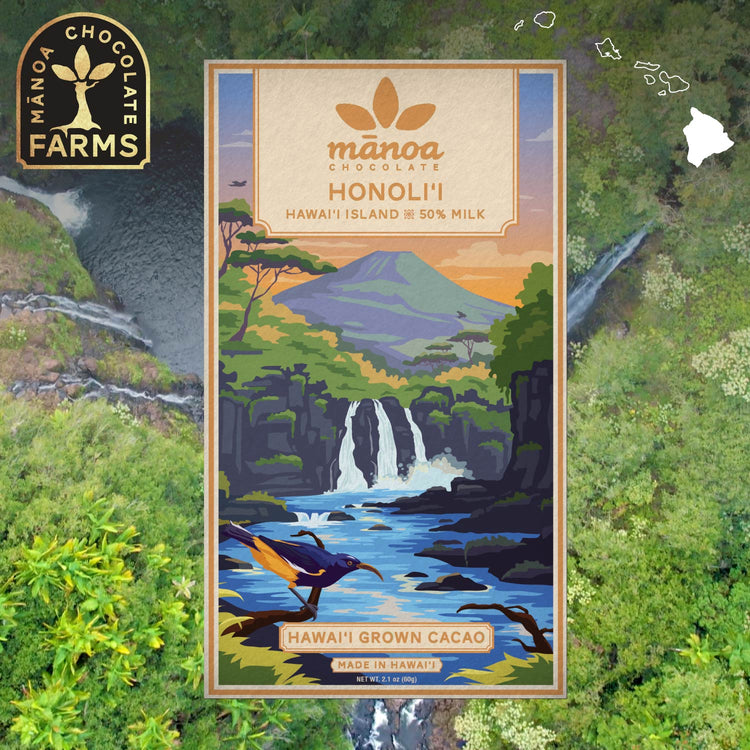 Image of honolii milk chocolate bar package placed over a waterfall background. Manoa Chocolate Farms logo in top left corner and Hawaiian islands chain in top right
