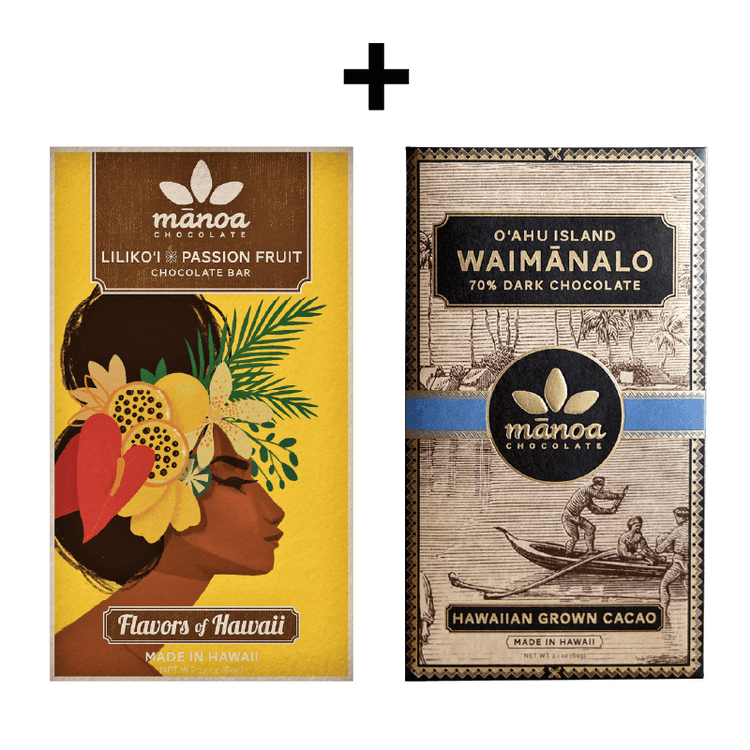 Image of Manao Chocolate's Lilikoi Passionfruit bar package with graphic illustration of woman with tropical headdress and a package of Waimanalo 70% dark chocolate with a graphic of Hawaiians in waʻa (outrigger canoe)