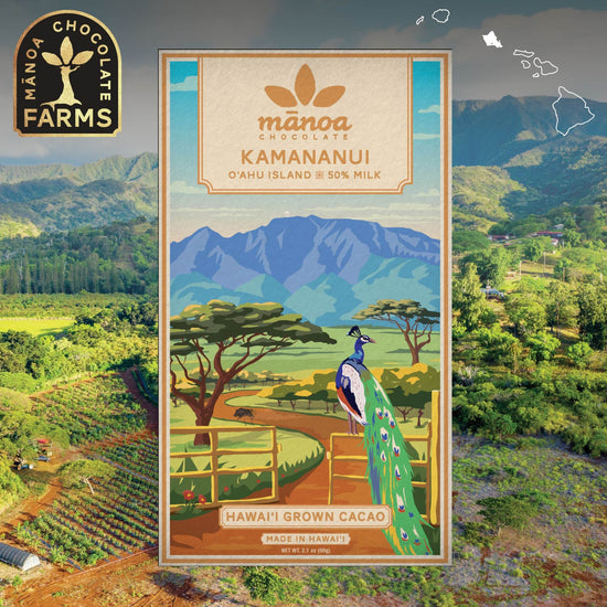 Image of Kamananui Milk Chocolate bar on a photo background of the Kamananui farm, a graphic of the Hawaiian Islands and a "Manoa Chocolate Farms" badge