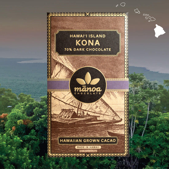 Image of Kona bar in brown, natural-looking packaging, transposed over an image of Kona, Big Island