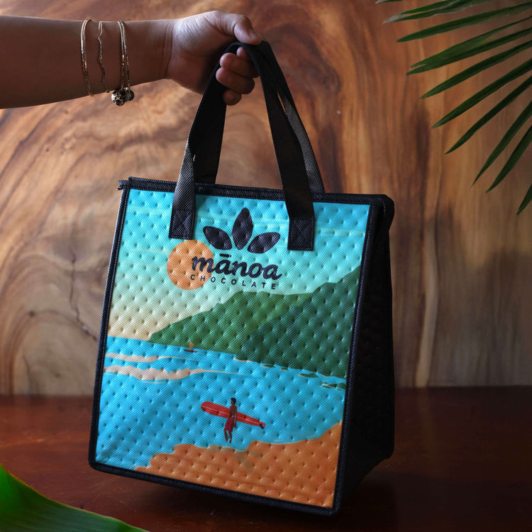 image of Hand holding a colorful insulated bag with &