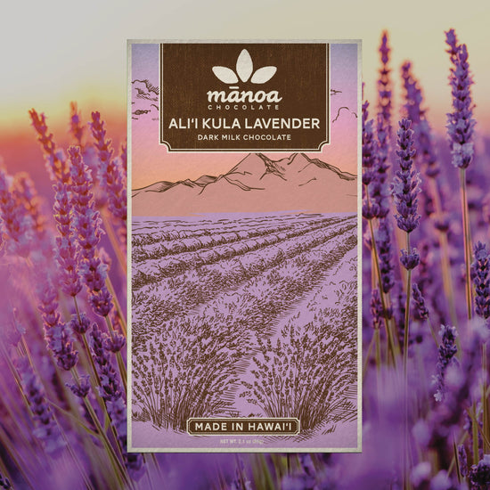 image of lavender chocolate bar package with lavender fields as the background of the image