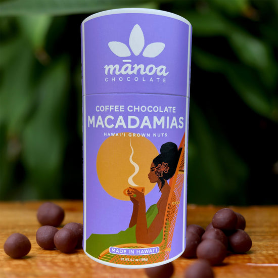 Image of brightly-colored, purple tube that says Coffee Chocolate Macadamias. Made in Hawaii with Hawaii grown nuts