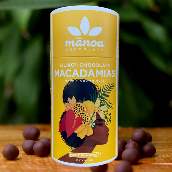 Image of brightly-colored, yellow tube that says Lilikoi Chocolate Macadamias. Made in Hawaii with Hawaii grown nuts