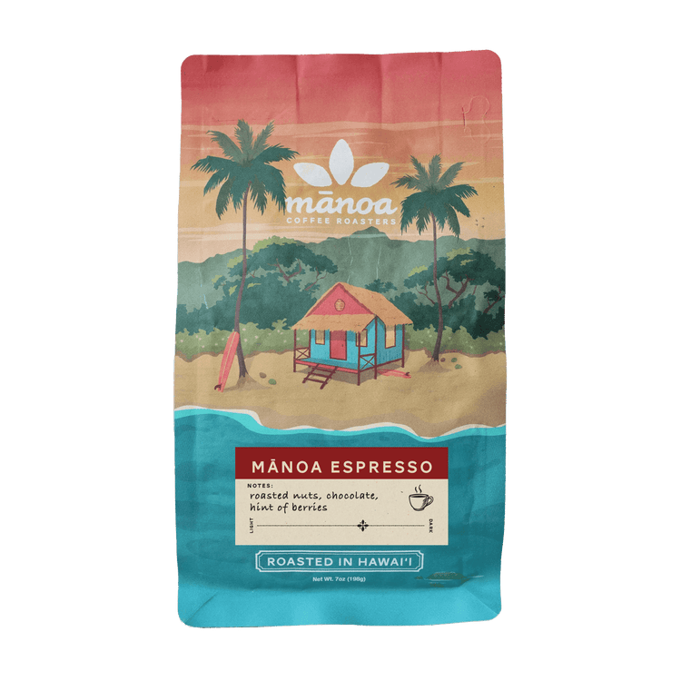 Image of a bag of Mānoa Coffee Roasters Mānoa Espresso coffee, featuring a tropical beach illustration with palm trees, a small hut, and a turquoise and coral color scheme on a white background.