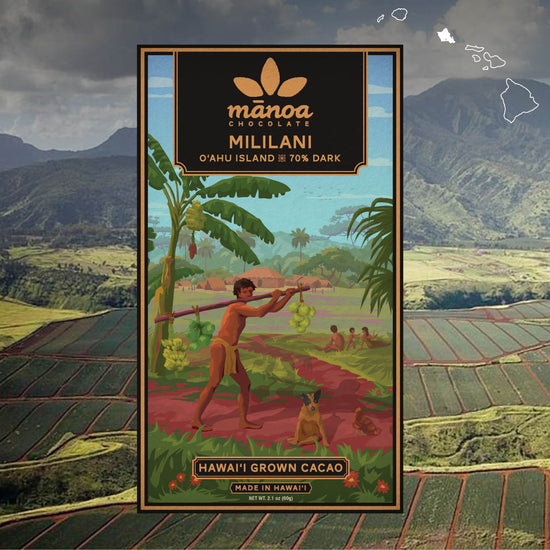 image of Mililani chocolate bar packaging with a scenic background of fields and mountains.