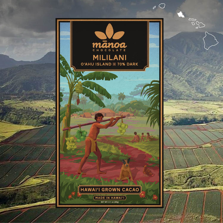 image of Mililani chocolate bar packaging with a scenic background of fields and mountains.