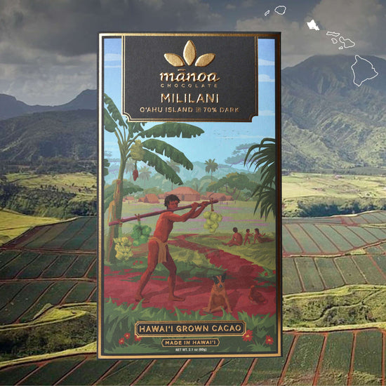 image of Mililani chocolate bar packaging with a scenic background of fields and mountains.