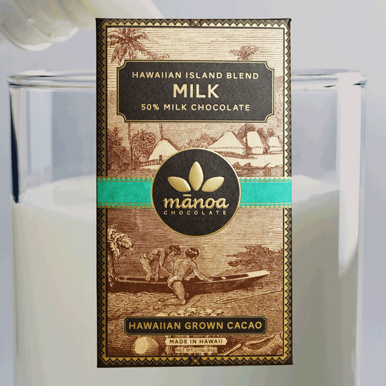 Image of Milk Chocolate bar in brown, natural-looking packaging, transposed over an image of a glass of milk