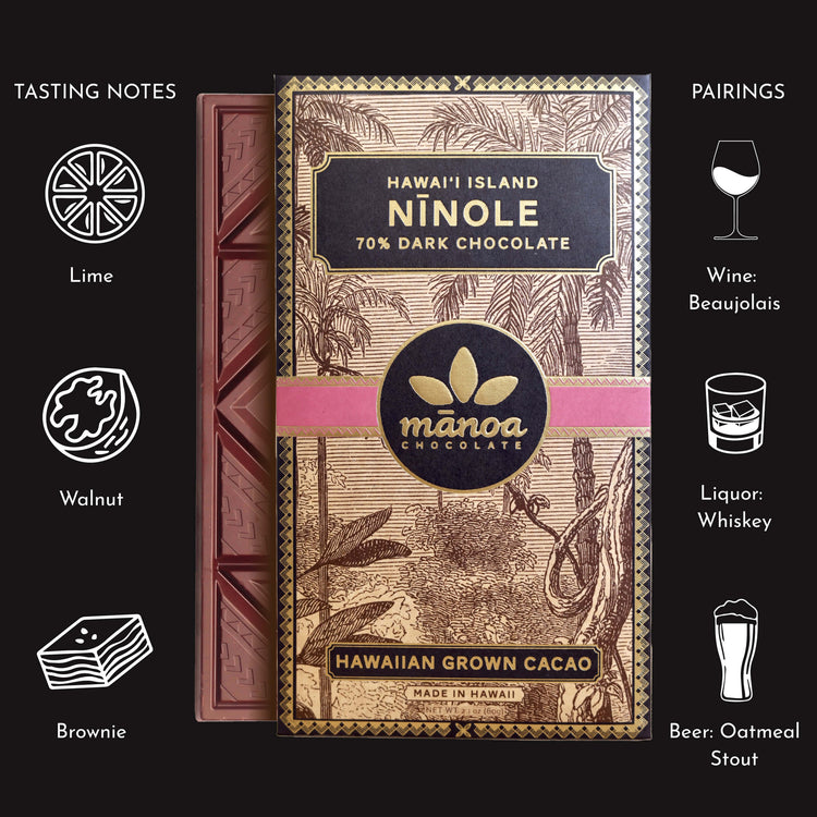Image of 70% Dark Chocolate Ninole bar showing tasting notes of lime, walnut, and brownie; and alcohol pairings of Beaujolais wine, whiskey, and oatmeal stout beer