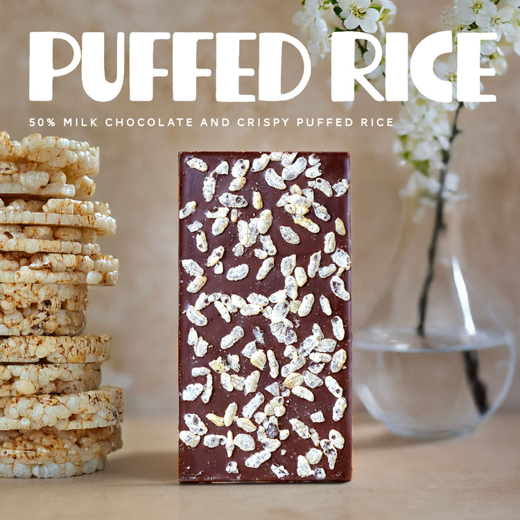 image of puffed rice chocolate bar 50% milk chocolate and crispy puffed rice