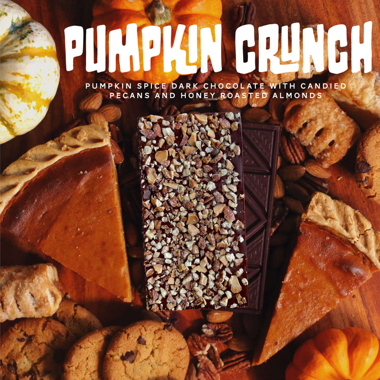 Image of Pumpkin Crunch bar, a pumpkin spice dark chocolate with candied pecans and honey roasted almonds.