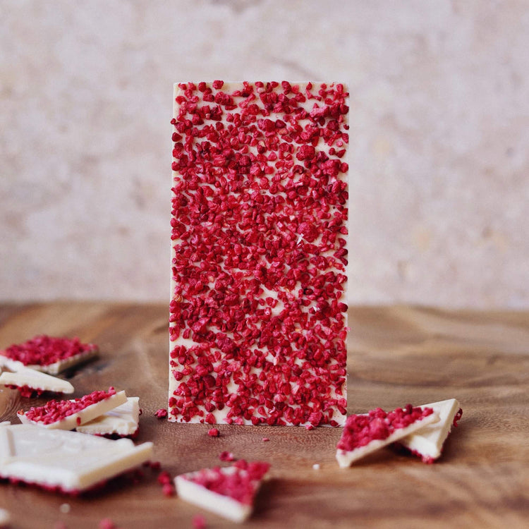 white raspberry chocolate bar with raspberry sprinkles