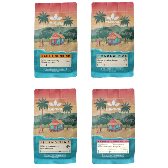 image showing Four packages of Manoa Coffee: kailua sunrise, tradewinds, island time, and maui