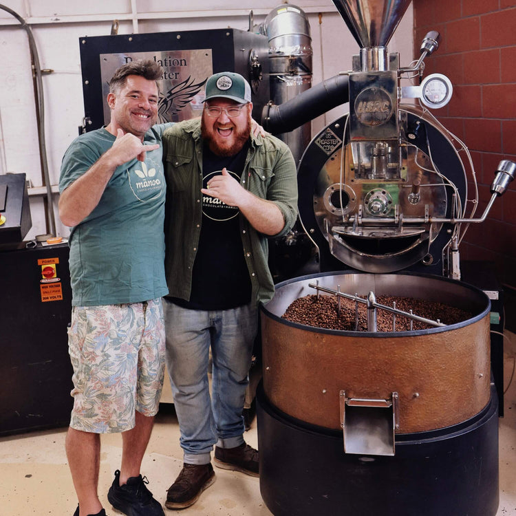 image of manoa coffee roasters, Matt and Dany roasting coffee