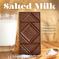 Image of Manoa Chocolate bar with glass of milk, salt, and milk powder. Graphic text heading reading: Salted Milk and description reading: Milk chocolate with Hawaiian sea salt from Haleiwa Salt Co.