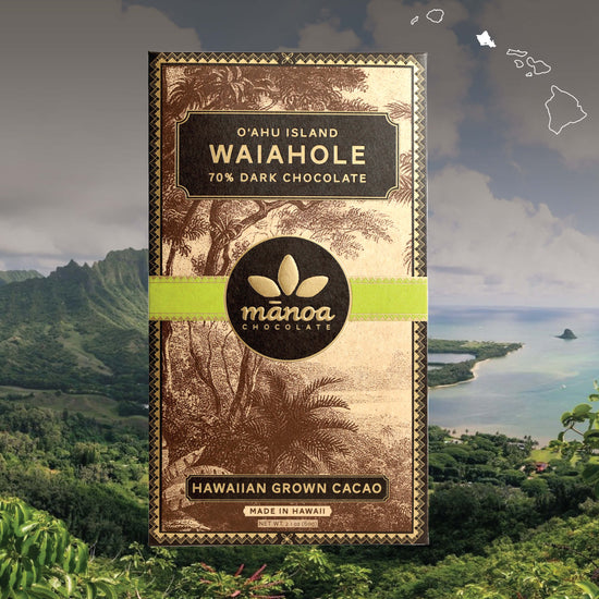 Image of Waiahole bar in brown, natural-looking packaging, over landscape of Oahu&