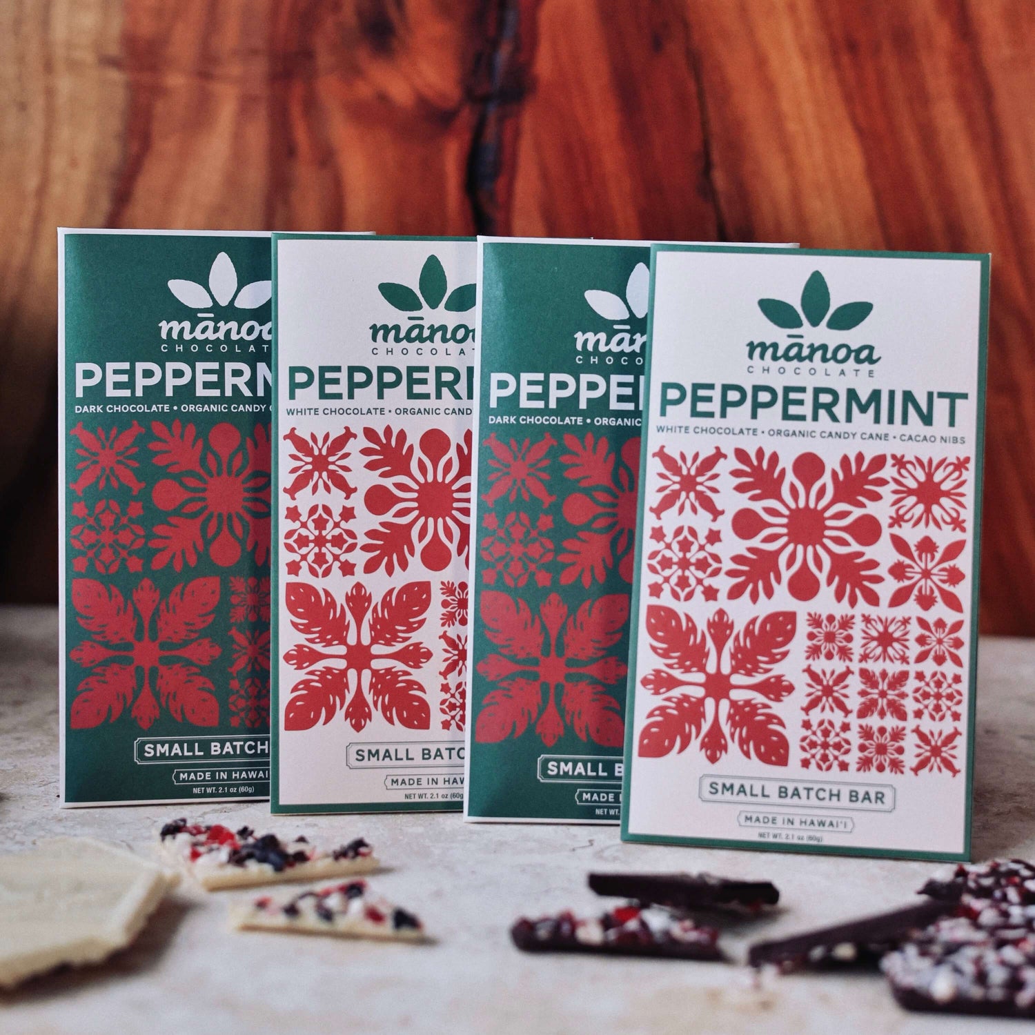 image of 2 white and 2 dark peppermint chocolate bar packages on white table with wood background