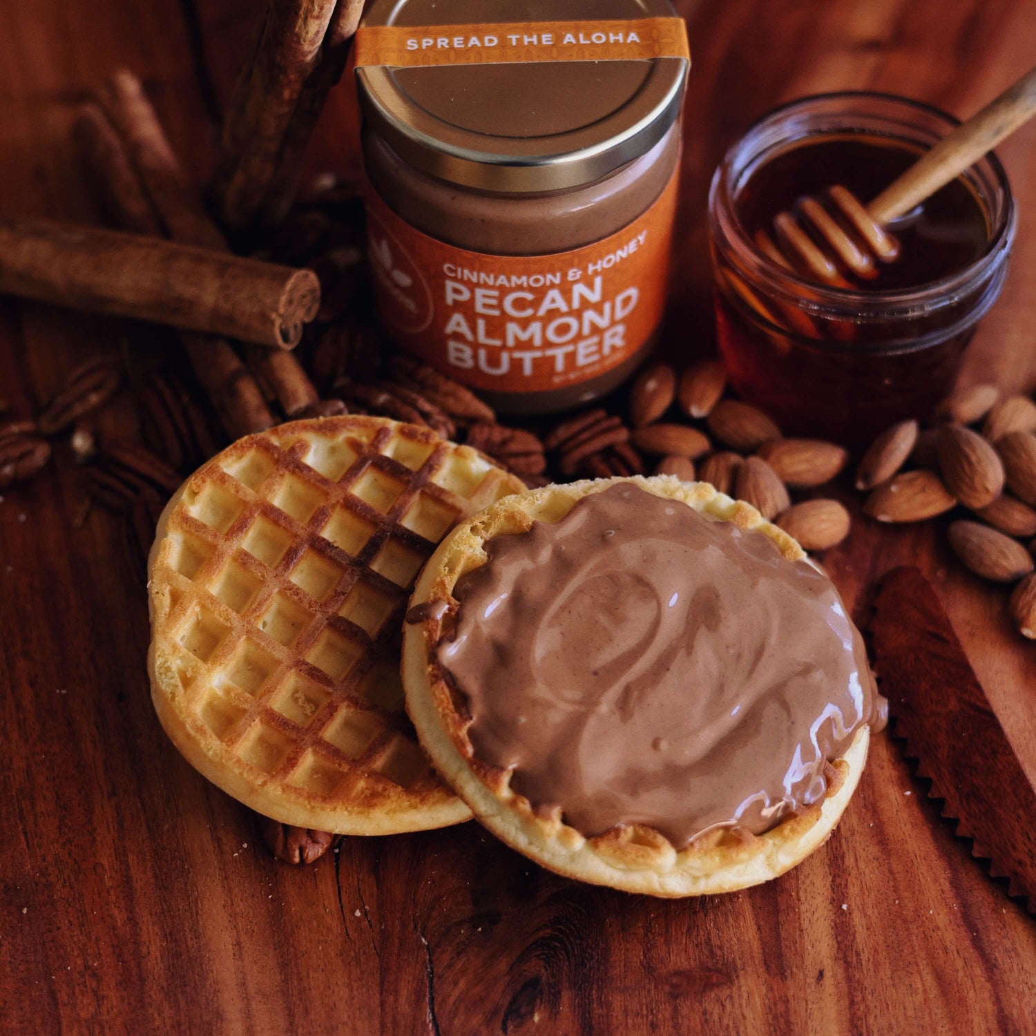 Pecan almond butter on toasted waffle