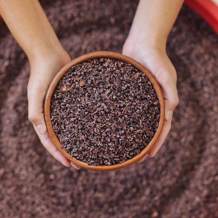 Person holding bowl of cacao nibs