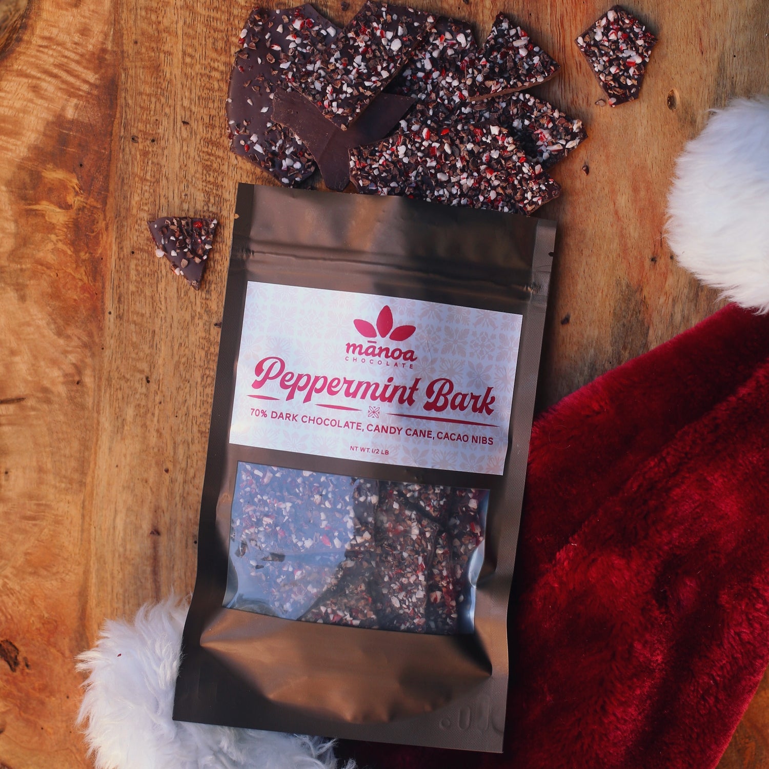 Image of peppermint bark spilling out of bag onto table