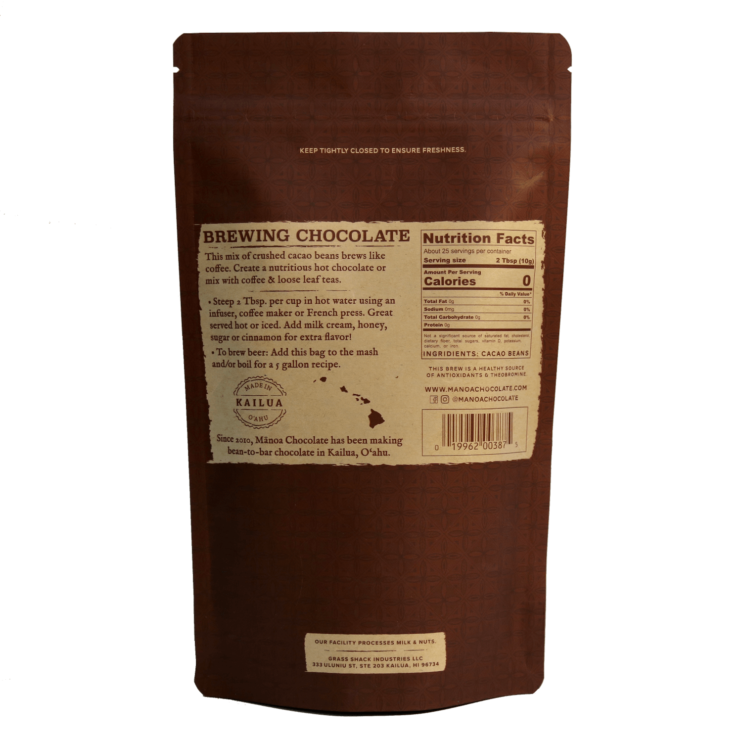 Image of the back of the pouch, including ingredient list and nutritional facts