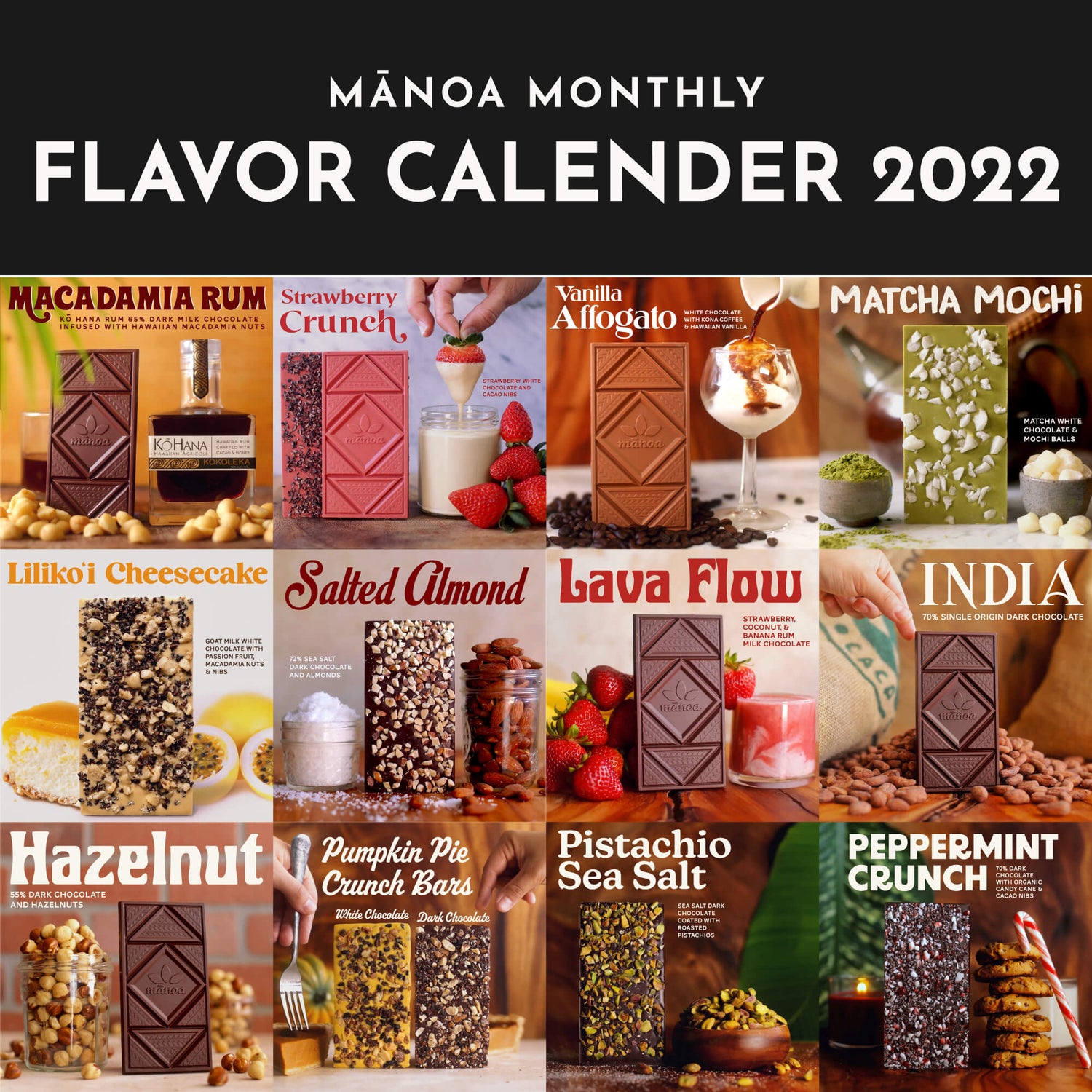 Image of past Manoa Monthly flavors, like Strawberry Crunch, Matcha Mochi, and Vanilla Affogato