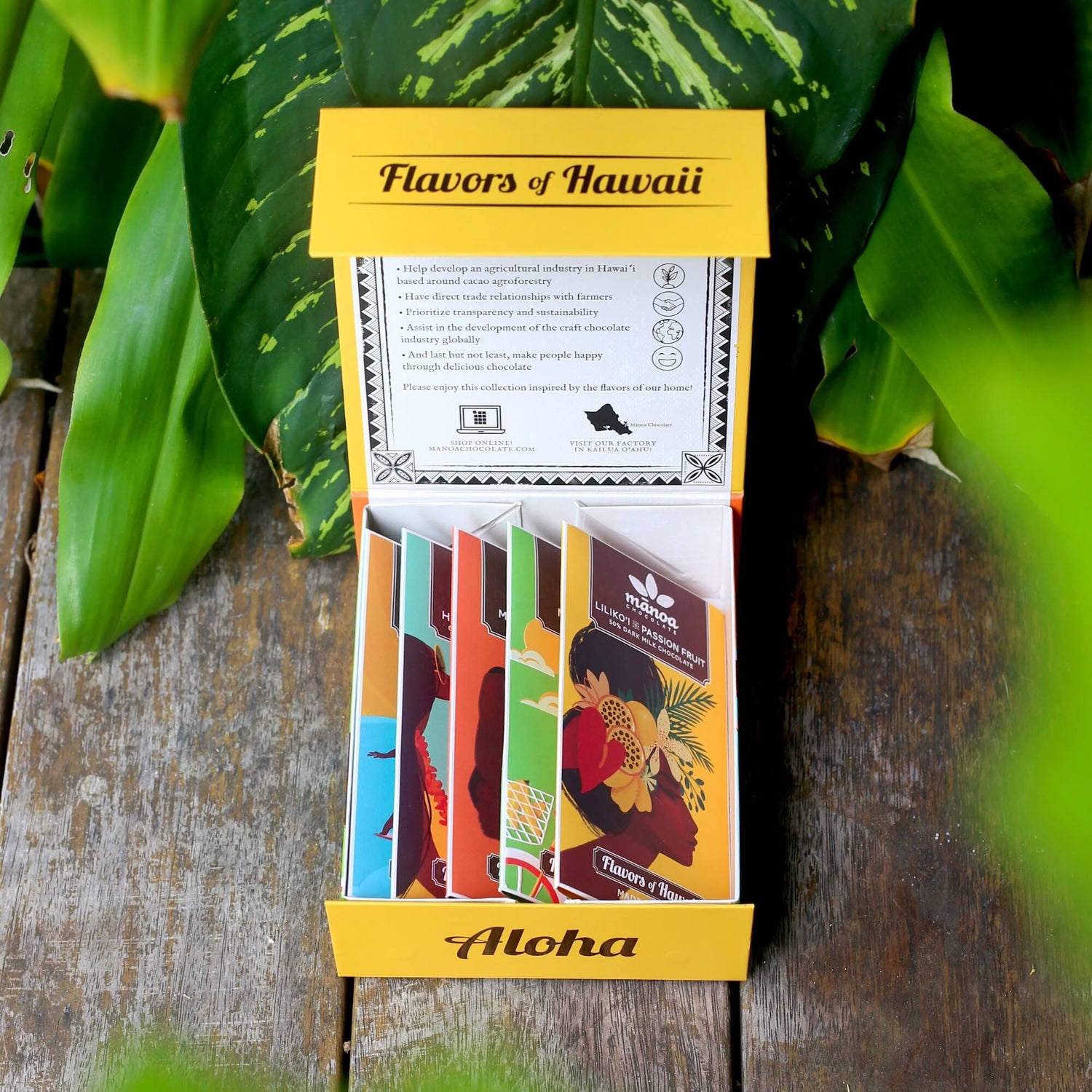 Flavors of Hawaii box showing 5 chocolate bars inside