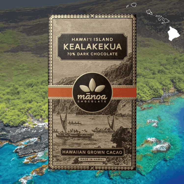 Image of Kealakekua chocolate bar in brown, natural-looking packaging, with Hawaii island landscape in the background