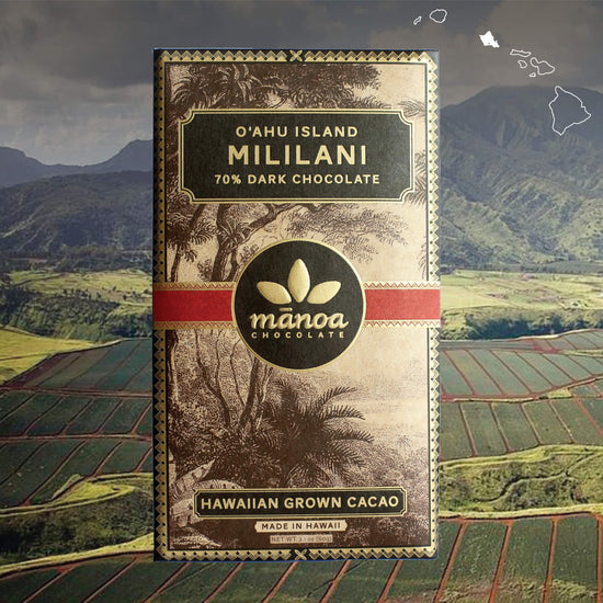 Image of Mililani chocolate bar in brown, natural-looking packaging, over landscape photo of farmlands