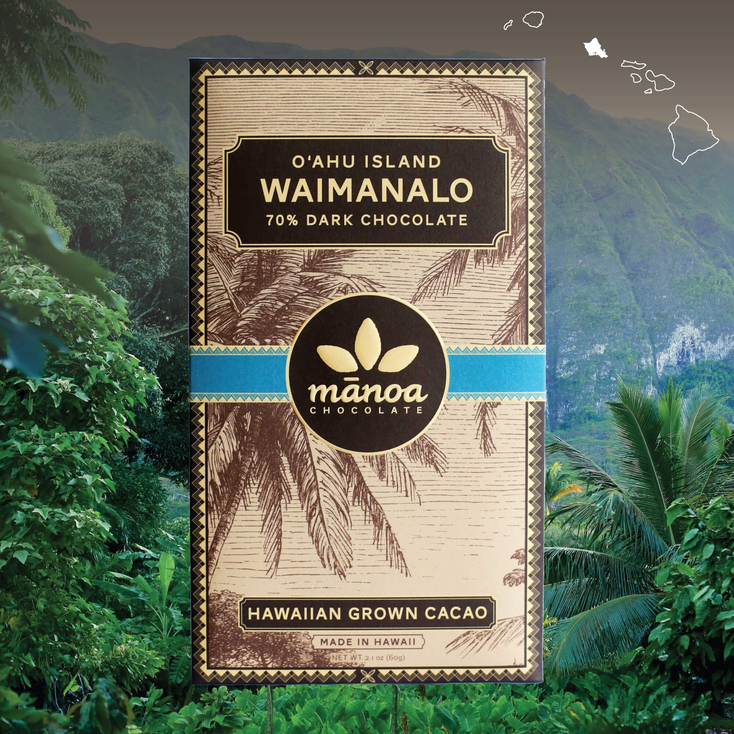Image of Waimanalo chocolate bar in brown, natural-looking packaging, over tropical forest background