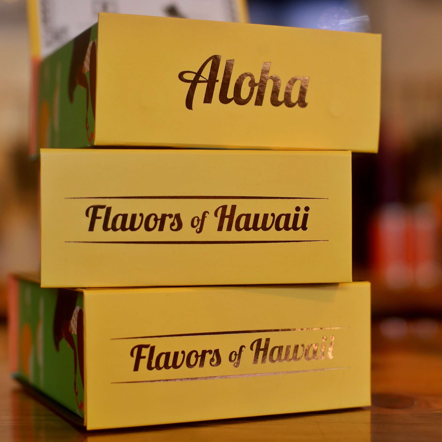 Image of the side of the gift box, reading "Aloha" and "Flavors of Hawaii"