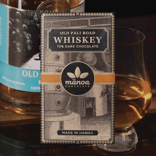 Old pali road whiskey chocolate bar with glass of whiskey